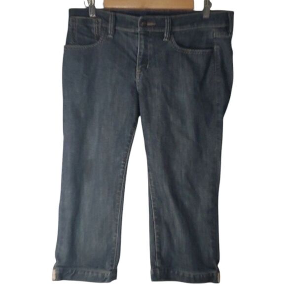 Bcbgmaxazria jeans women's size 31 blue cream / tan accent stitching capri - Picture 1 of 15